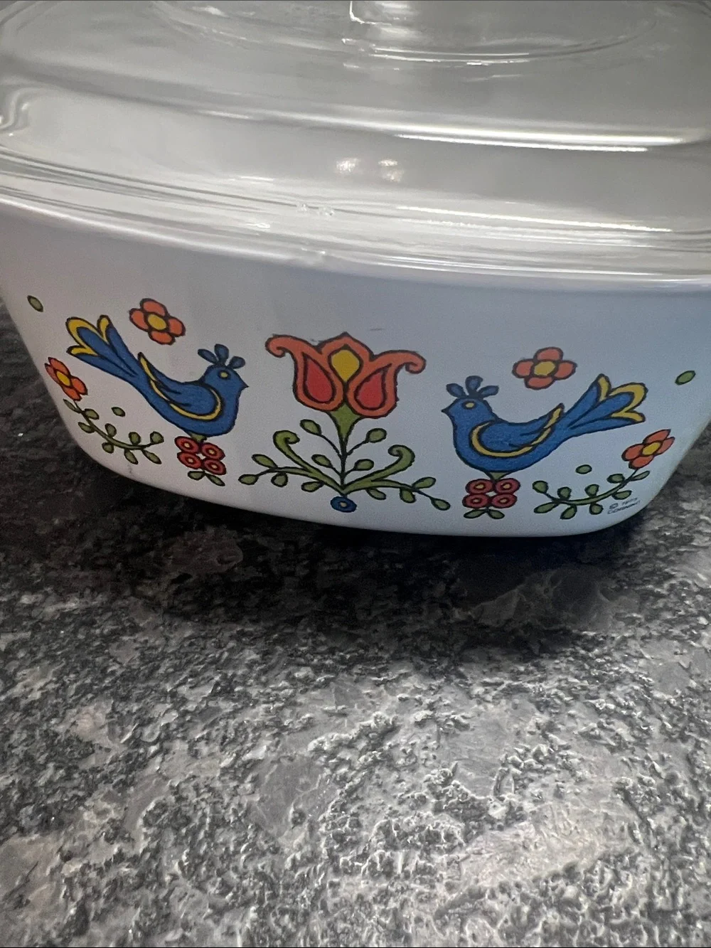 Corningware White Casserole with Blue & Orange Folk Bird Motif